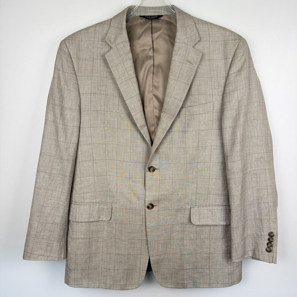 Jos A Bank Windowpane Plaid Sport Coat Men's 43R Beige Wool Linen Silk Blazer